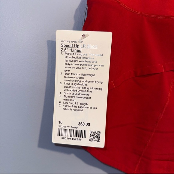 Lululemon Speed Up Low-Rise Lined Short 2.5" Red - Size 10 (NEW WITH TAG) - Picture 4 of 5